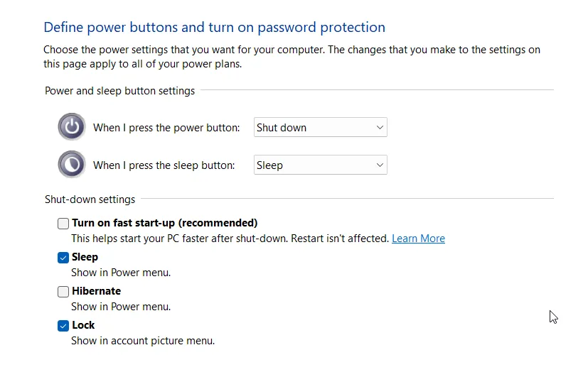Screenshot showing fast startup disabled