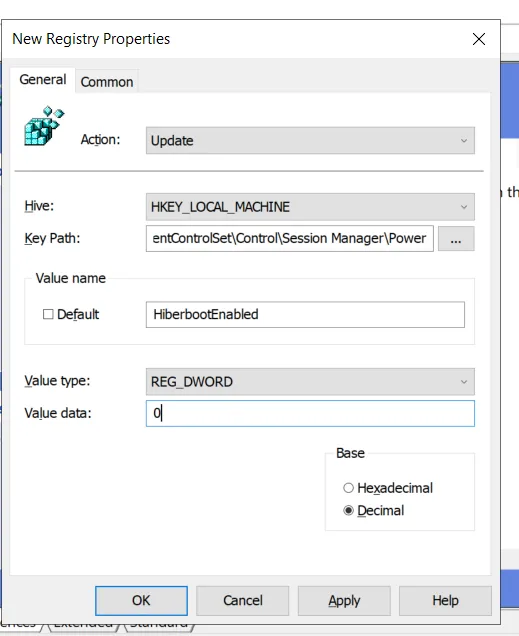 Screenshot of the registry key to disable fast startup. 