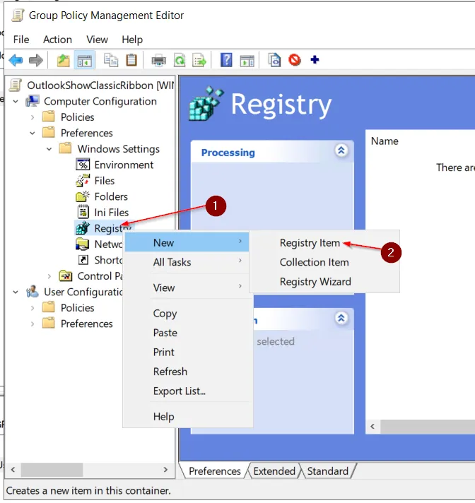 Screenshot instructions showing how to deploy a new registry item through group policy