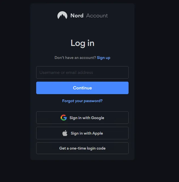Screenshot showing the browser based login screen for NordVPN apps and the third party sign in options.  