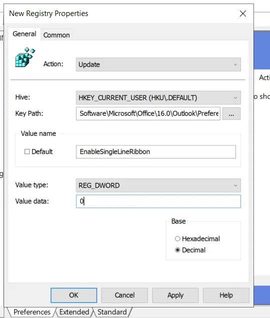 Settings for updating the EnableSingleLineRibbon registry key through Group Policy