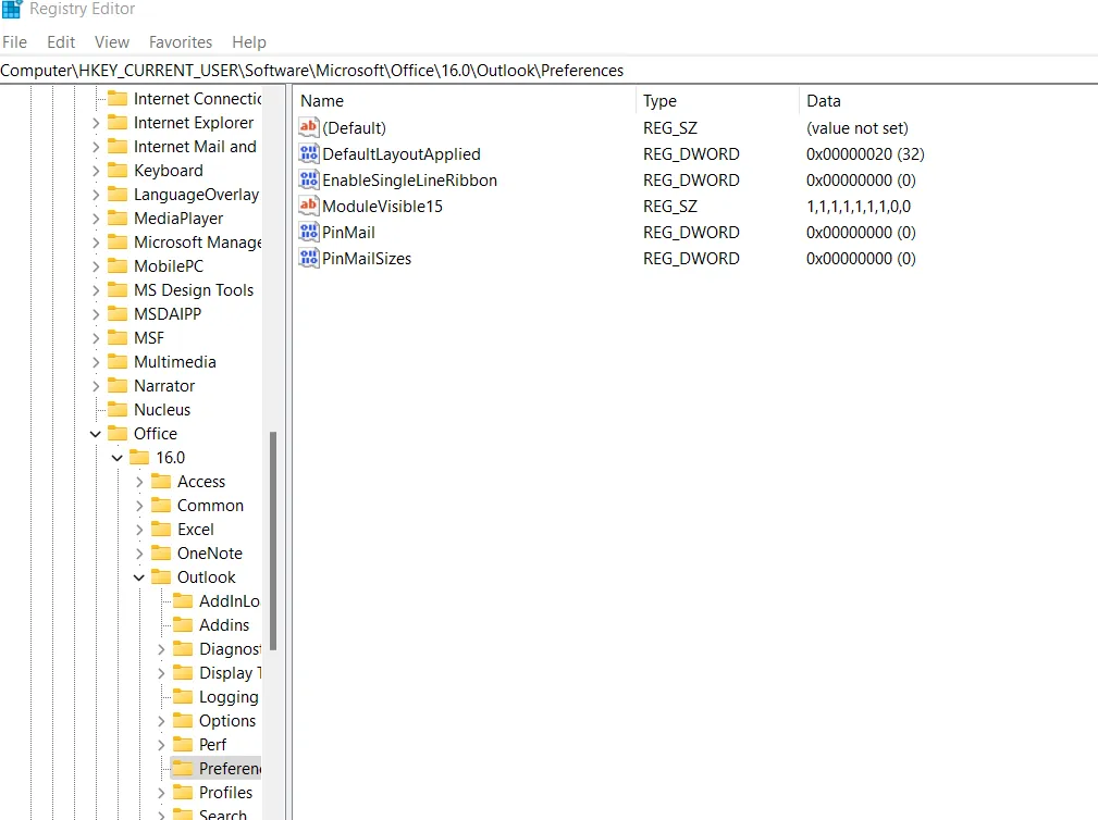 Screenshot showing the EnableSingleLineRibbon registry key set to 0.