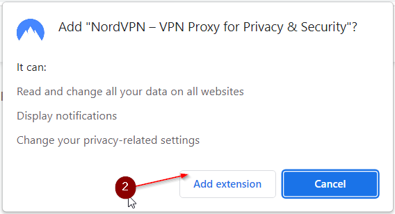 Screenshot showing how to add the NordVPN extention to Chrome and the permissions the extension requires