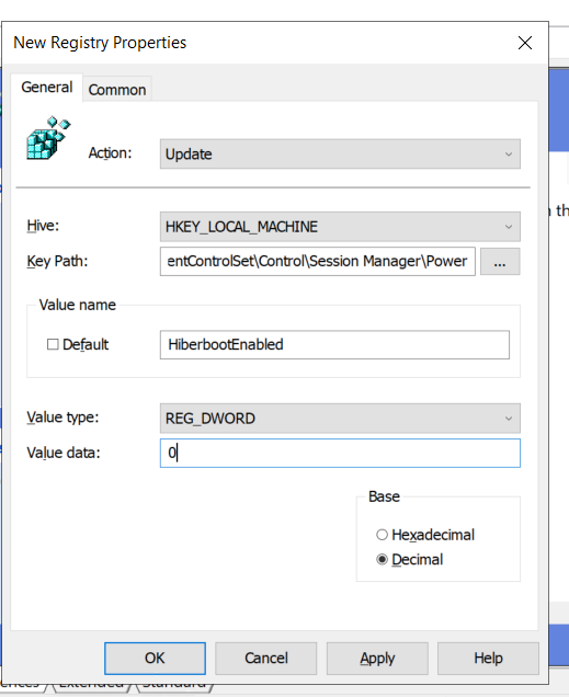 Screenshot of the registry key to disable fast startup. 
