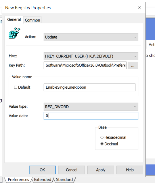 Settings for updating the EnableSingleLineRibbon registry key through Group Policy