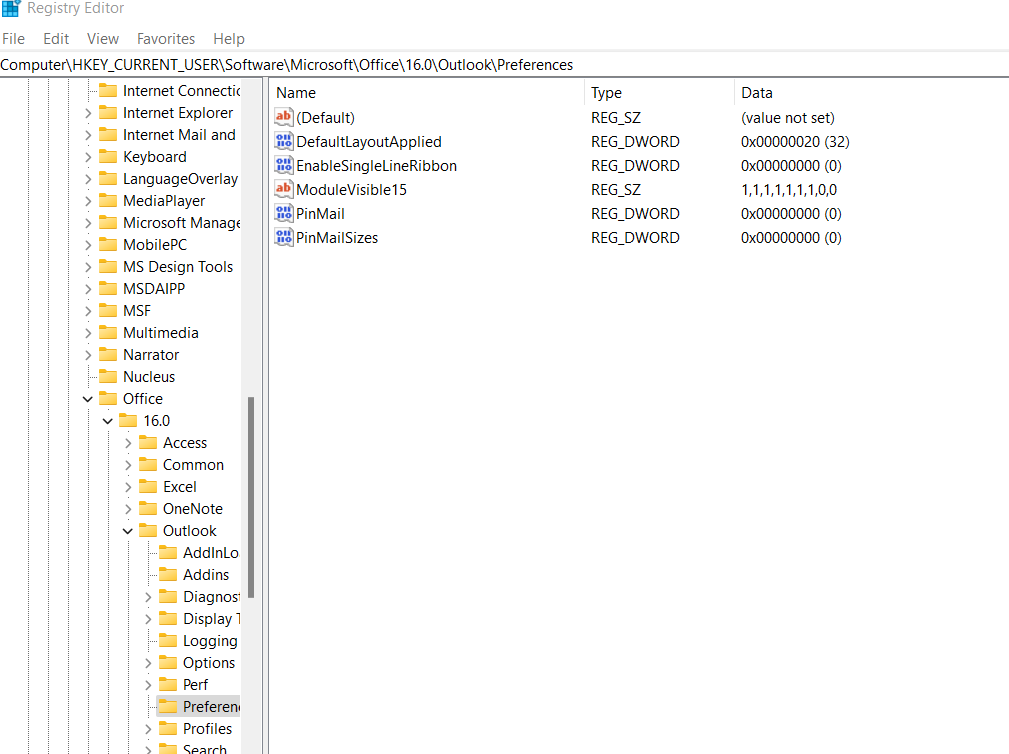 Screenshot showing the EnableSingleLineRibbon registry key set to 0.